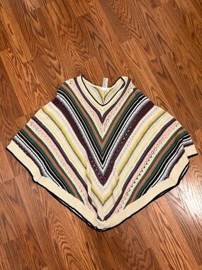 Artisan Crafted Striped V-Neck Knit Top — Cream with Navy, Gray & Yellow Accents